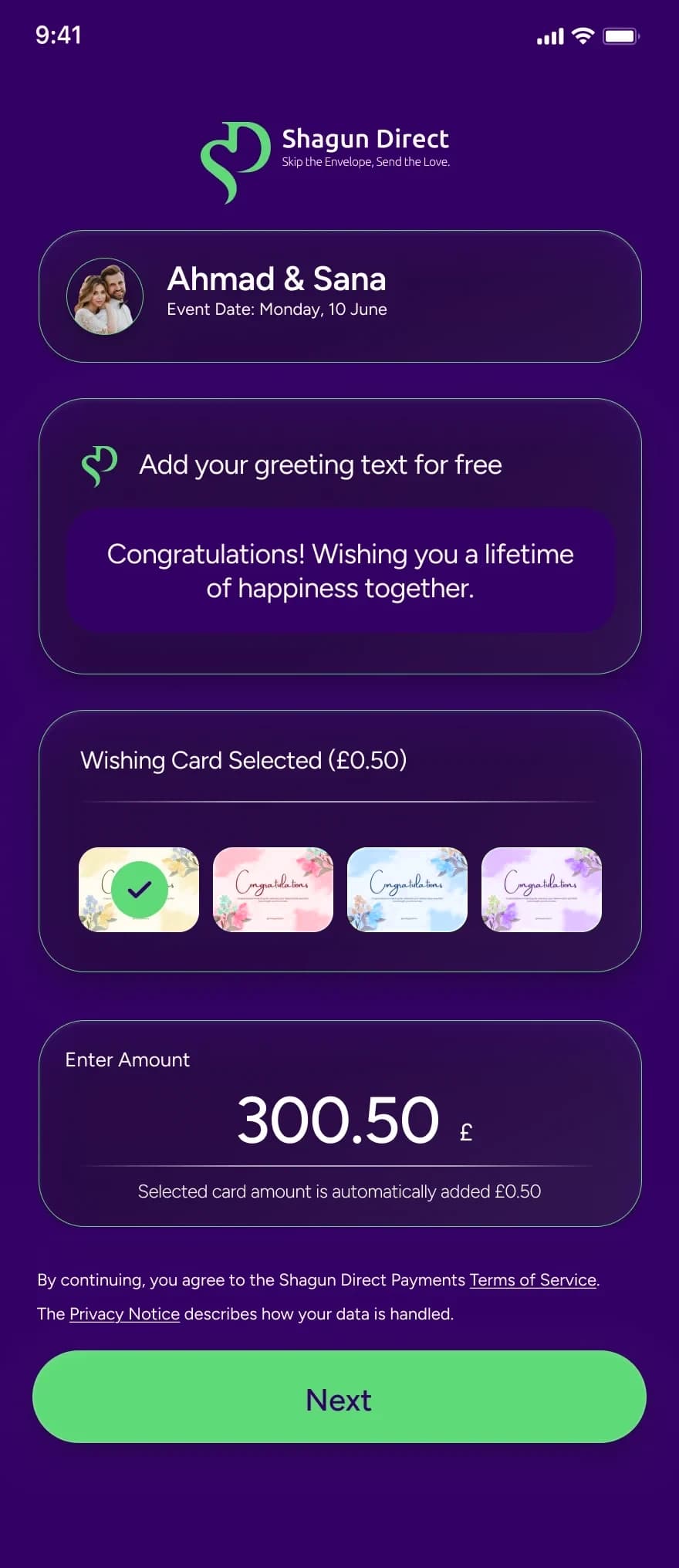 The Shagun Direct invite page for Ahmad & Sana, with a greeting, four differently coloured wishing cards with one selected and a £300.50 gift entered